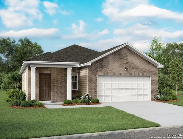 view of front of property with a garage and a front lawn