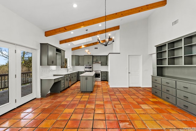 kitchen with beamed ceiling, a center island, high vaulted ceiling, pendant lighting, and backsplash