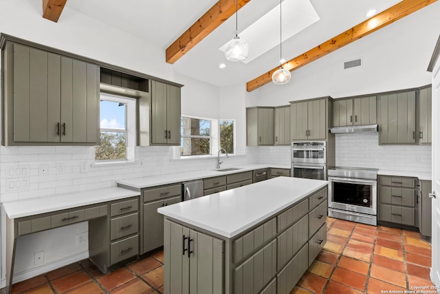 kitchen with sink, gray cabinetry, lofted ceiling with beams, a kitchen island, and decorative backsplash