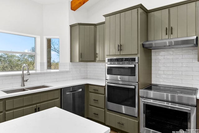 kitchen with sink, gray cabinetry, stainless steel appliances, beam ceiling, and backsplash