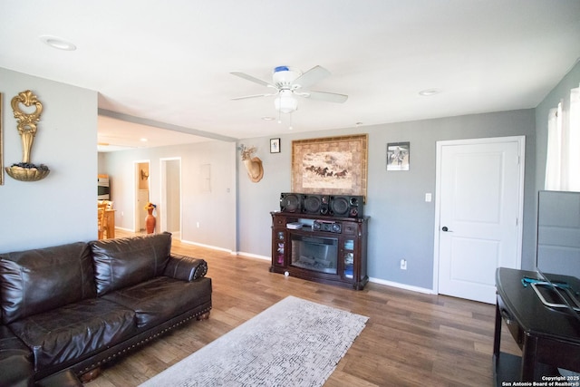 living room featuring hardwood / wood-style flooring, a fireplace, and ceiling fan