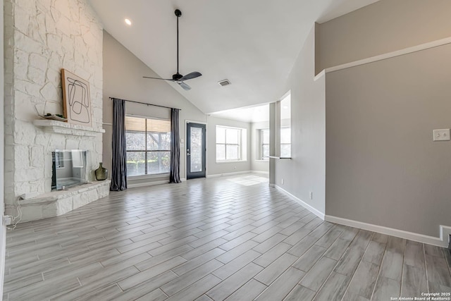 unfurnished living room featuring a fireplace, high vaulted ceiling, and ceiling fan