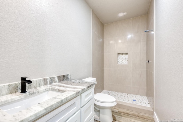 bathroom featuring vanity, wood-type flooring, a tile shower, and toilet