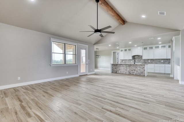 unfurnished living room featuring ceiling fan, high vaulted ceiling, beam ceiling, and light hardwood / wood-style floors