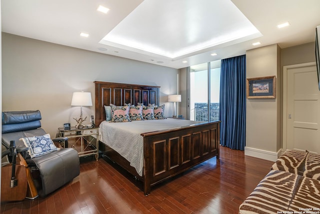 bedroom featuring a raised ceiling and dark hardwood / wood-style flooring