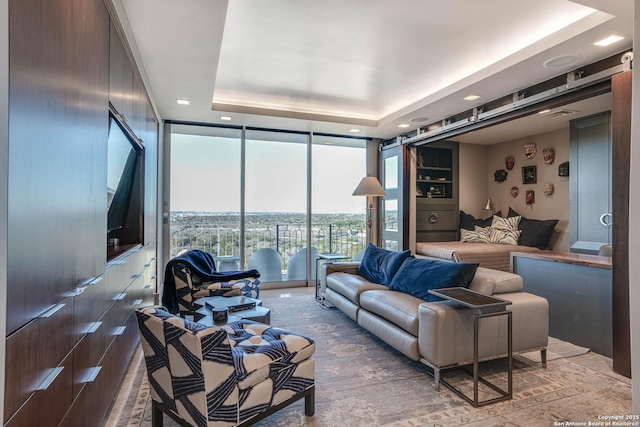 living room featuring expansive windows, a raised ceiling, and light carpet