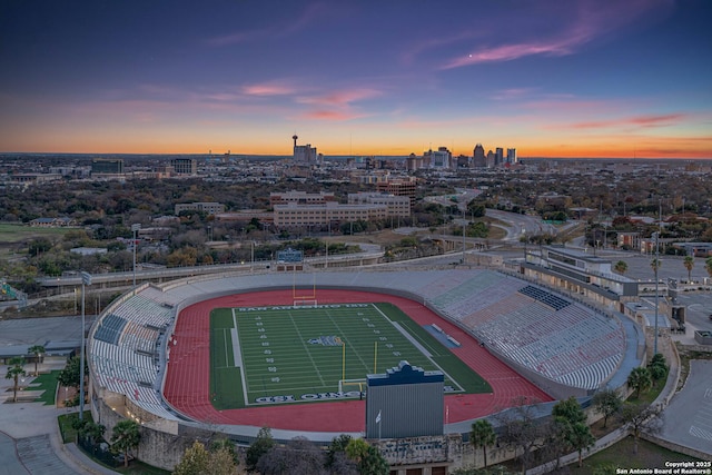 view of aerial view at dusk