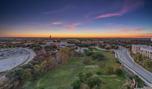 view of aerial view at dusk