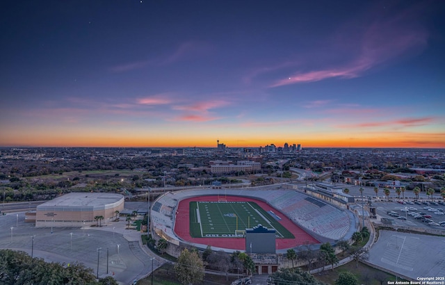 view of aerial view at dusk