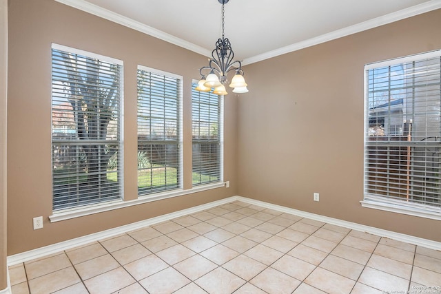 tiled empty room featuring ornamental molding and a notable chandelier