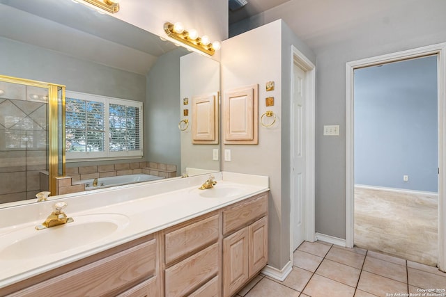 bathroom with lofted ceiling, tile patterned floors, independent shower and bath, and vanity