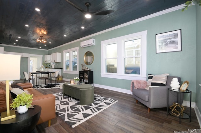 interior space featuring dark wood-type flooring, ornamental molding, a wall mounted AC, and wood ceiling