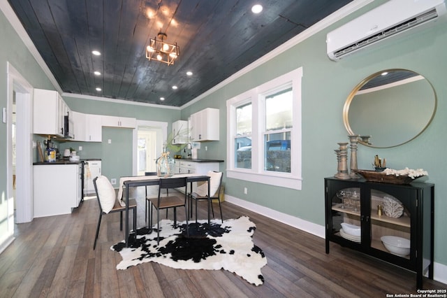 dining area with wooden ceiling, dark wood-style flooring, crown molding, and a wall mounted AC