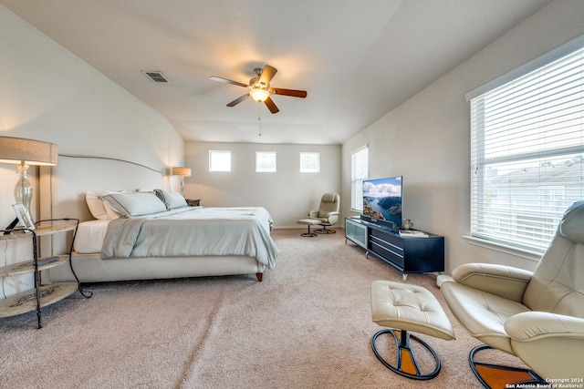 bedroom with ceiling fan and carpet