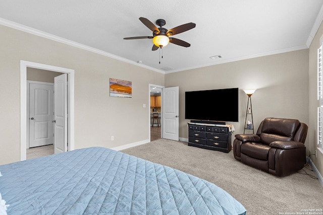 bedroom with light carpet, ornamental molding, and ceiling fan