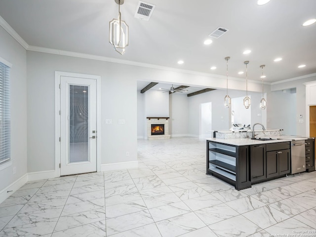 kitchen featuring crown molding, a stone fireplace, ceiling fan, and decorative light fixtures