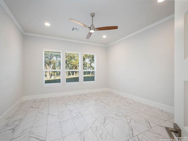 spare room featuring crown molding and ceiling fan