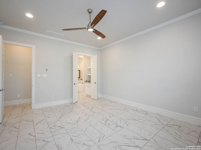 unfurnished bedroom featuring ornamental molding and ceiling fan