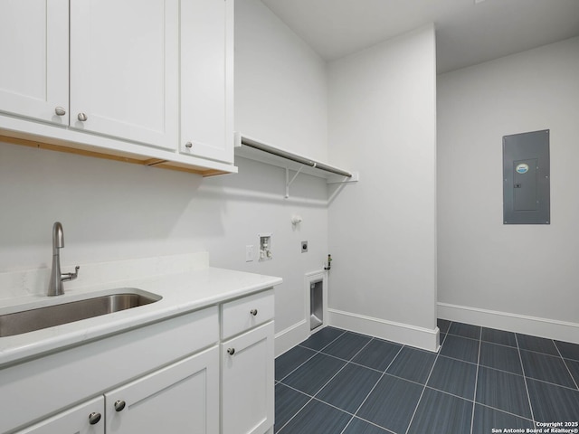 laundry area with sink, cabinets, electric panel, hookup for a washing machine, and electric dryer hookup