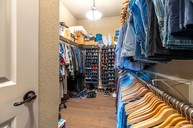 walk in closet with wood-type flooring