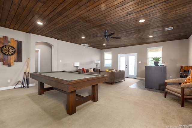 playroom featuring french doors, light carpet, wood ceiling, and billiards