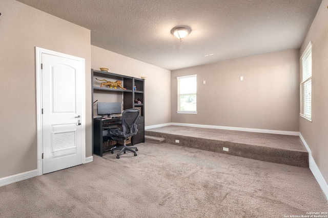 office with carpet flooring and a textured ceiling