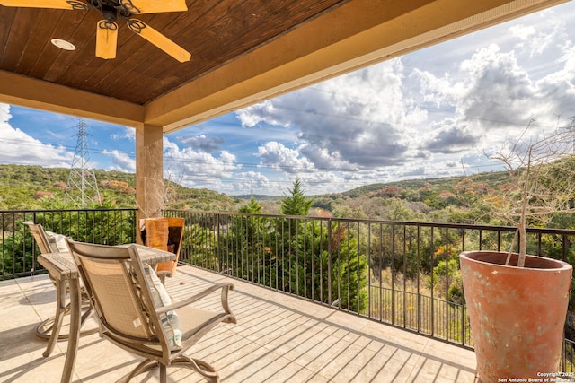 balcony featuring ceiling fan