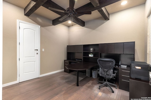 office space featuring hardwood / wood-style flooring, ceiling fan, and beamed ceiling