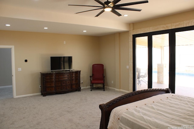 bedroom with ceiling fan, access to exterior, and light colored carpet