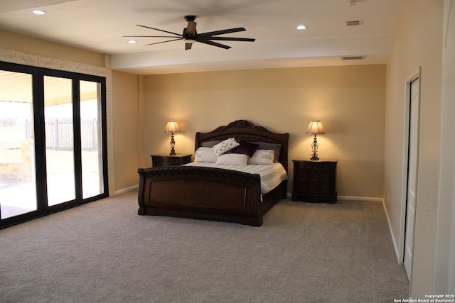 carpeted bedroom featuring ceiling fan and access to exterior