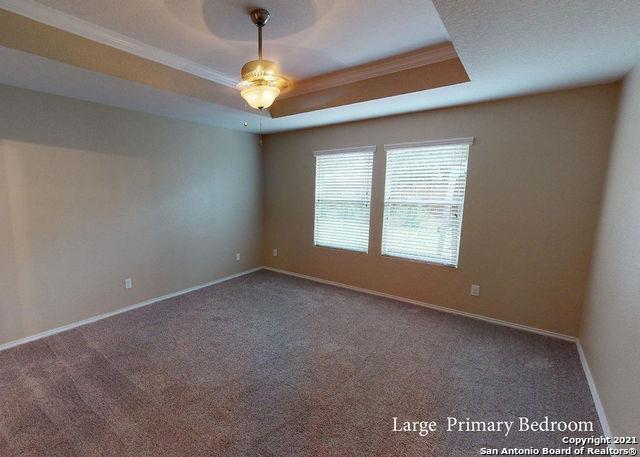 carpeted empty room featuring a tray ceiling