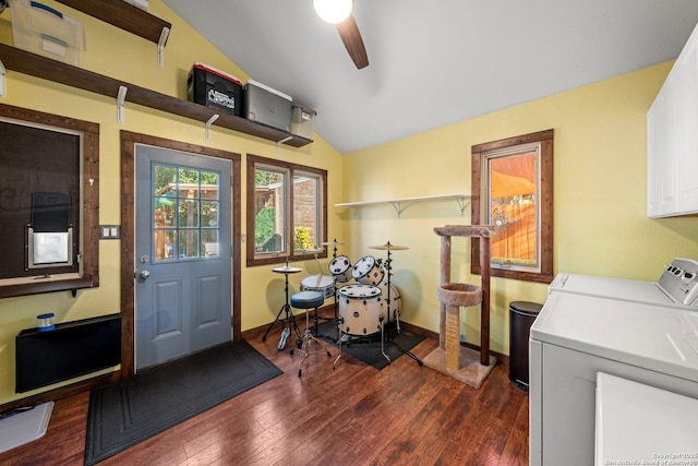 interior space featuring cabinets, separate washer and dryer, dark wood-type flooring, and ceiling fan