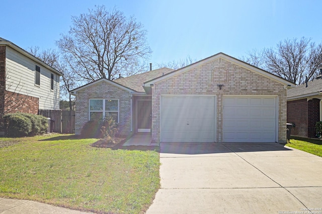 ranch-style home with brick siding, concrete driveway, fence, a garage, and a front lawn