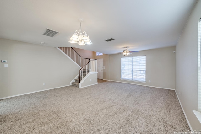 unfurnished living room with carpet floors and ceiling fan with notable chandelier