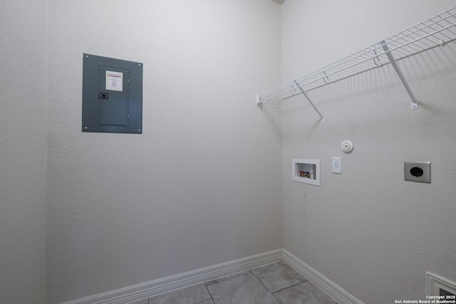 washroom with gas dryer hookup, tile patterned flooring, electric panel, washer hookup, and hookup for an electric dryer