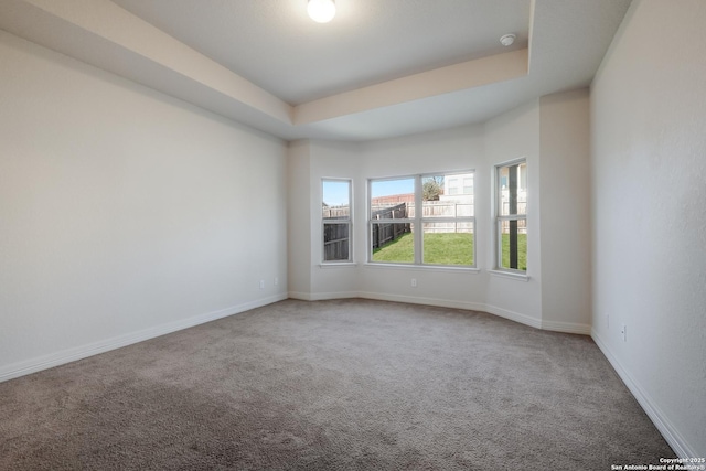 carpeted empty room with a raised ceiling