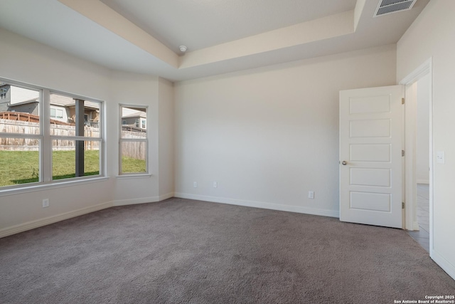 carpeted empty room featuring a tray ceiling