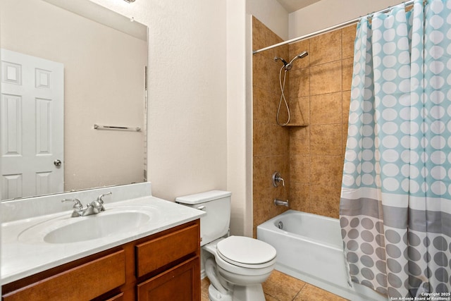 full bathroom featuring shower / bath combo, toilet, tile patterned floors, and vanity