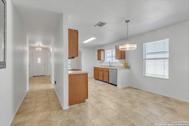 kitchen featuring stainless steel dishwasher, a healthy amount of sunlight, decorative light fixtures, and sink