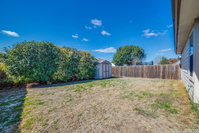 view of yard featuring a storage unit