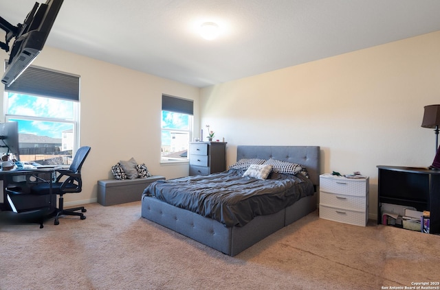 bedroom with light colored carpet