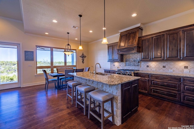 kitchen featuring a kitchen island with sink, light stone countertops, sink, and a breakfast bar area