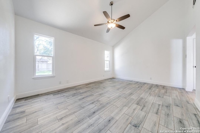 unfurnished room featuring ceiling fan, high vaulted ceiling, and light hardwood / wood-style floors