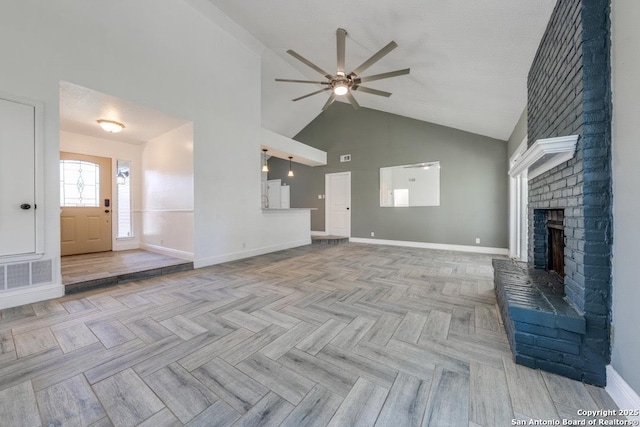 unfurnished living room featuring ceiling fan, a fireplace, high vaulted ceiling, and light parquet flooring