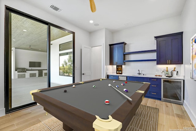 rec room featuring billiards, wet bar, and beverage cooler