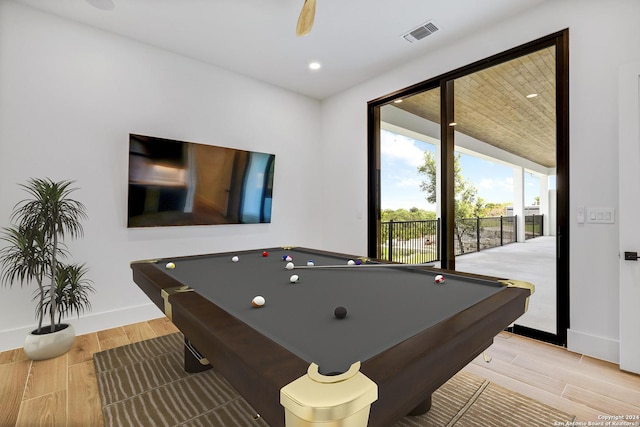 game room with ceiling fan and billiards