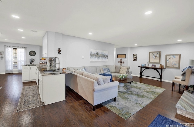 living room featuring dark hardwood / wood-style flooring and sink