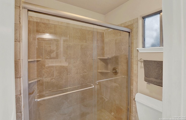 bathroom featuring an enclosed shower and toilet