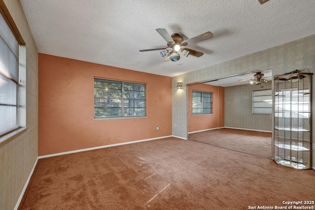 empty room with plenty of natural light, carpet, and a textured ceiling