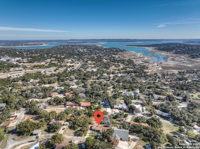 drone / aerial view featuring a water view